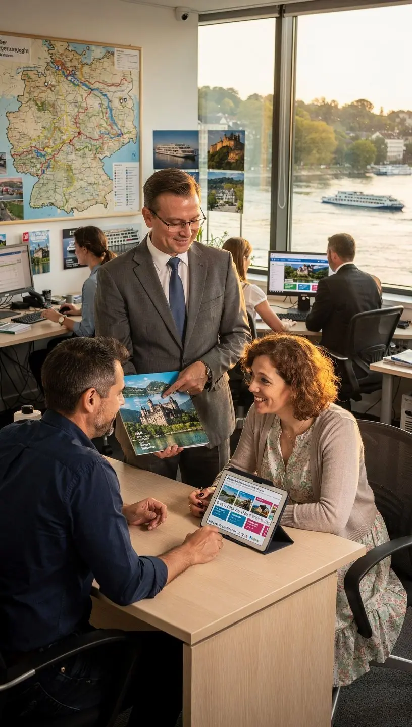 Mitarbeiter bereiten individuell zugeschnittene Flusskreuzfahrt-Pakete in einem modernen Büro vor.