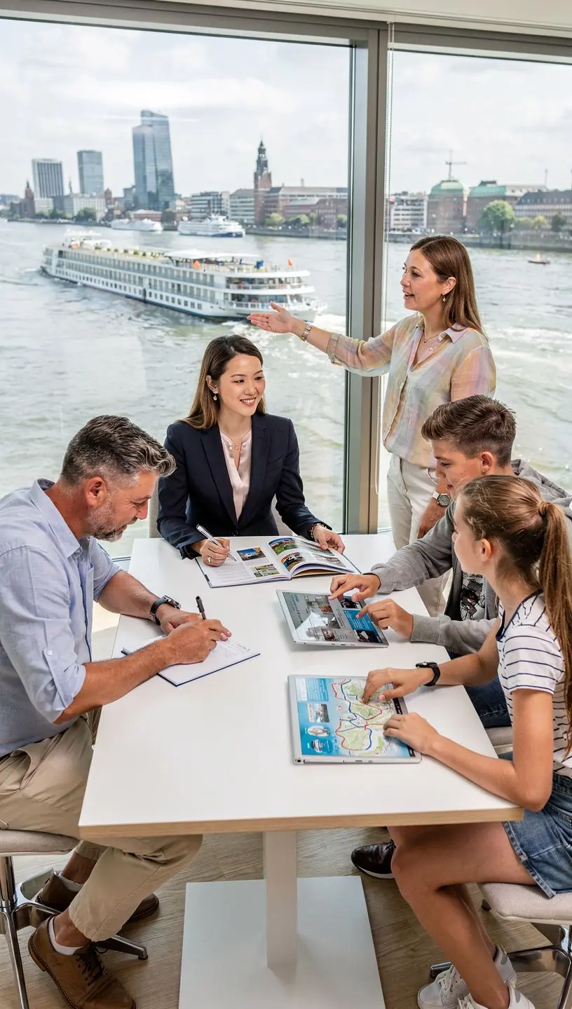 Ansicht eines Flusskreuzfahrtschiffs auf dem Rhein mit Landschaft und Brücken im Hintergrund.